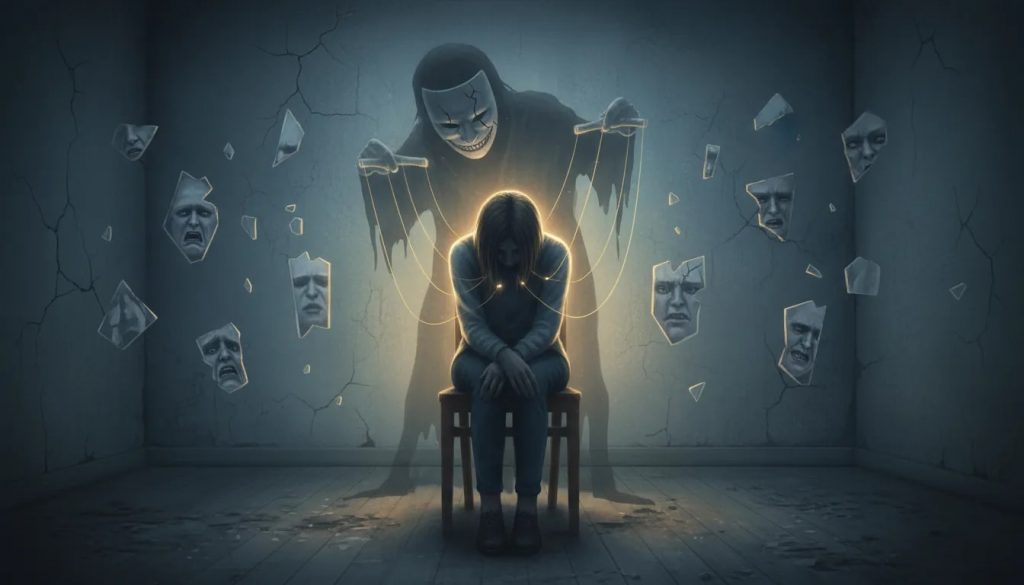 Personne épuisée face à une silhouette masquée et translucide, éclats de miroir reflétant visages déformés, et une lueur chaude formant une barrière protectrice