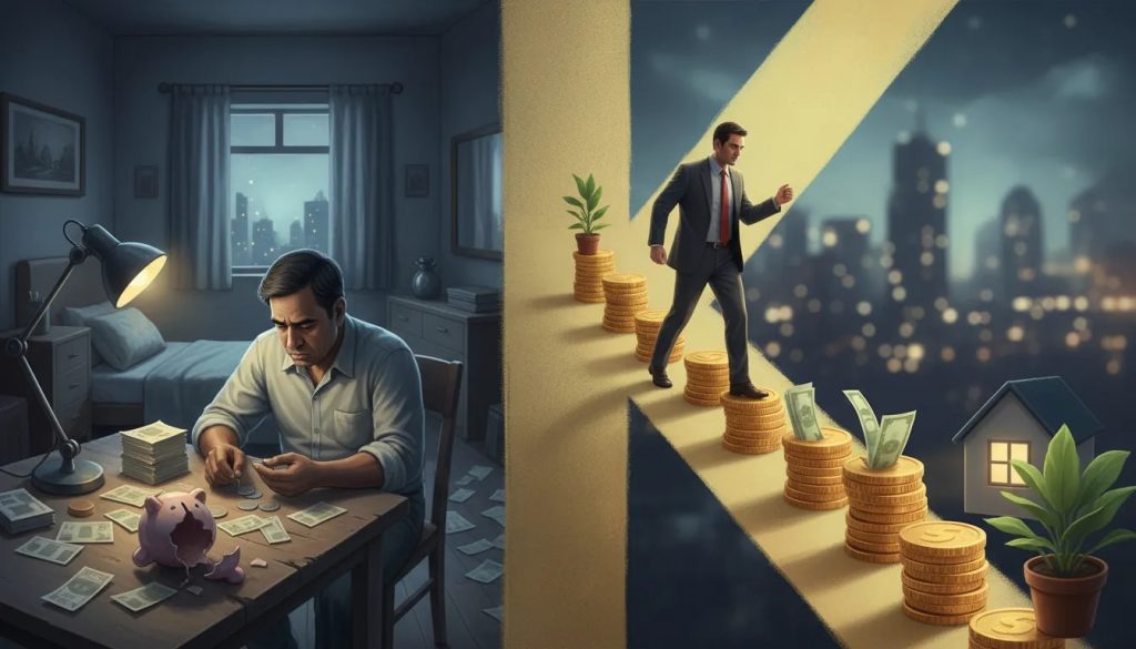 Illustration montrant la divergence économique en K : à gauche une personne comptant des pièces avec factures et tirelire vide, à droite quelqu’un montant des piles de pièces, symbolisant le recul de la classe moyenne