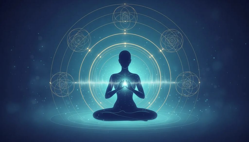 Silhouette en méditation avec aura lumineuse et cinq motifs géométriques abstraits représentant un champ énergétique activé pour retrouver calme et auto-guérison.