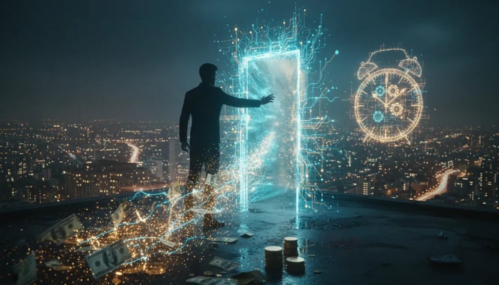 Silhouette face à une porte lumineuse d'IA transformant billets et pièces en particules numériques, symbolisant l'urgence de bâtir la richesse