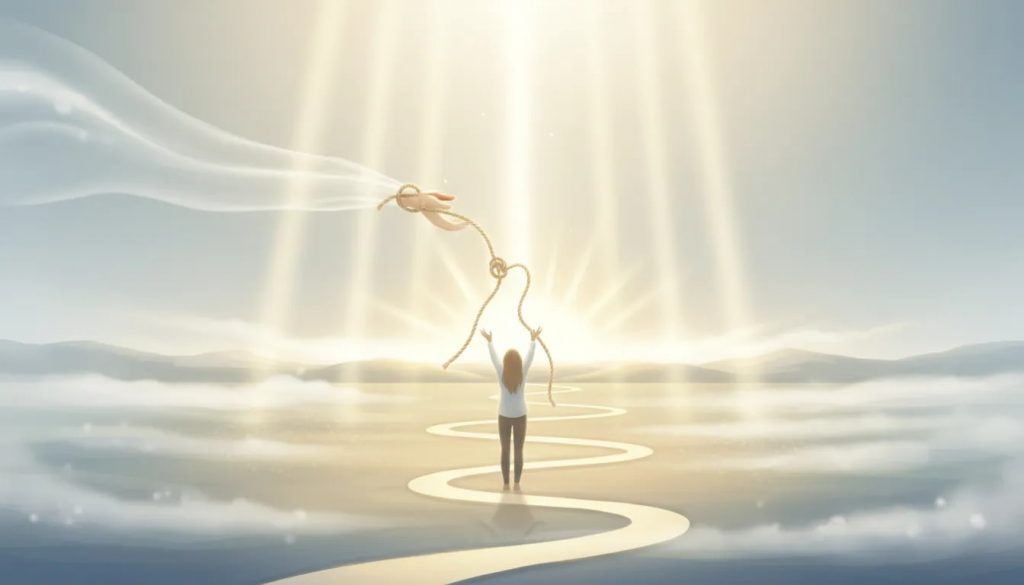 Illustration symbolique d’une personne qui lâche prise : chaînes qui se libèrent, rayons de lumière et chemin vers l’abondance et la paix.