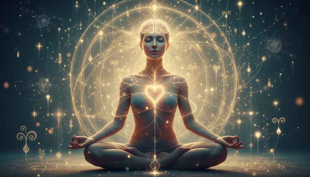 Personne méditant entourée de voies neuronales lumineuses et d'énergies dorées symbolisant la reprogrammation mentale pour l'abondance