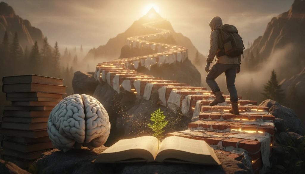 Personne gravissant des marches formées de briques brisées et de papiers froissés vers un sommet lumineux, avec des livres fermés à gauche et un livre ouvert avec une pousse au centre, symbolisant l'apprentissage par l'echec et l'etat d'esprit des top 1%