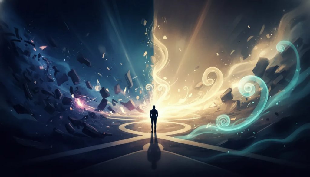 Silhouette contemplative sur un chemin lumineux, entourée de formes abstraites représentant le bruit intérieur à gauche et la maîtrise de soi à droite, style illustration cinématographique sans texte.
