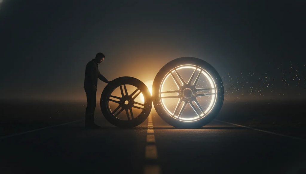 Illustration symbolisant le fait de changer la roue pour reprendre sa vie en main, avec une silhouette et une roue métallique remplacée sur une route sombre.