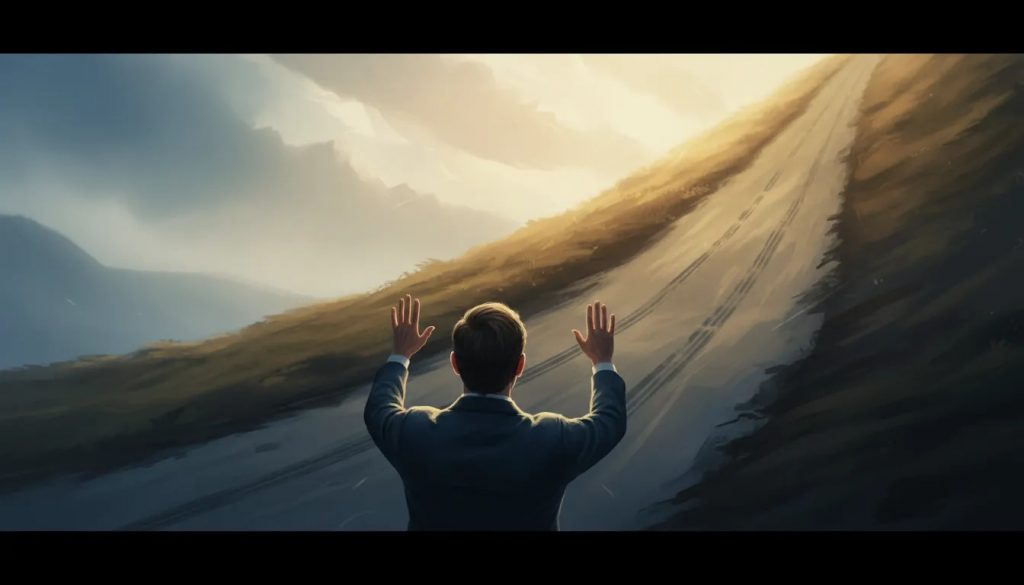 Personne faisant demi-tour sur un chemin, la lumière se levant alors que la descente devient une remontée symbolisant une décision de changer.