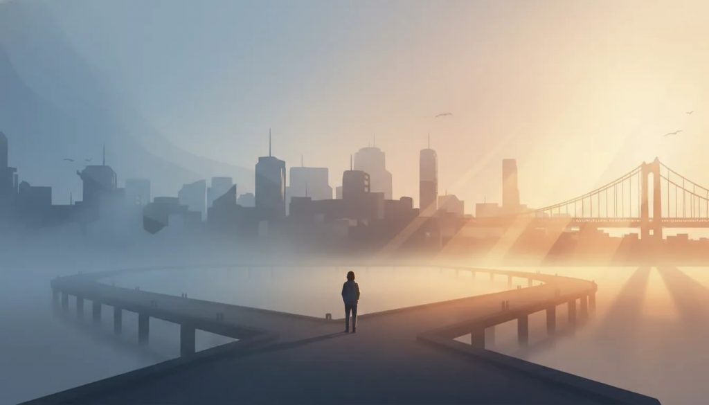 Une personne de dos sur un chemin vers une lumière douce au lever du jour, symbolisant la présence ici et maintenant plutôt que la vie “ailleurs”.