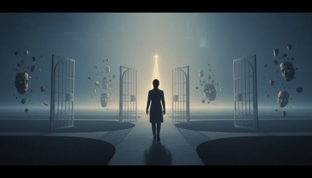Personne marchant dans un paysage brumeux où des cages translucides se referment, tandis qu’une lueur au loin symbolise un nouveau départ vers soi-même.
