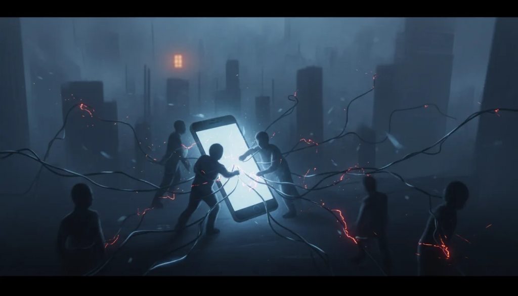 Smartphone au centre avec des fils lumineux qui attirent des silhouettes humaines, symbolisant l’anxiété et la distraction, dans une scène sombre et métaphorique sans texte.
