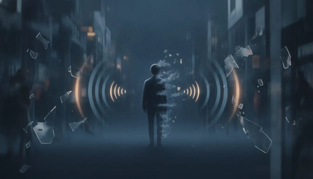 Personne de dos dont la silhouette se dissipe en brume, entourée d’éléments abstraits qui s’estompent, symbolisant la nécessité de s’effacer pour retrouver le silence intérieur.
