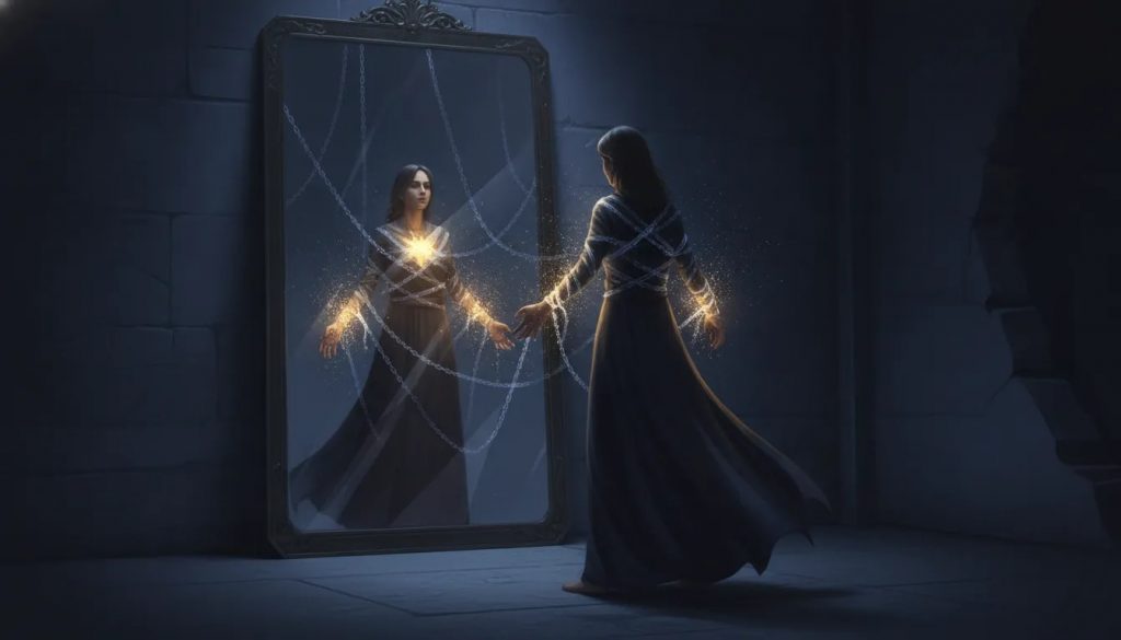 Une personne face à son reflet dans un miroir, des chaînes symboliques de confort se relâchant, représentant se libérer de ses propres blocages