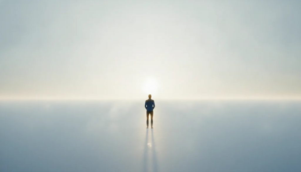 Silhouette contemplative au bord d’un horizon lumineux, symbolisant la liberté de donner du sens à sa vie