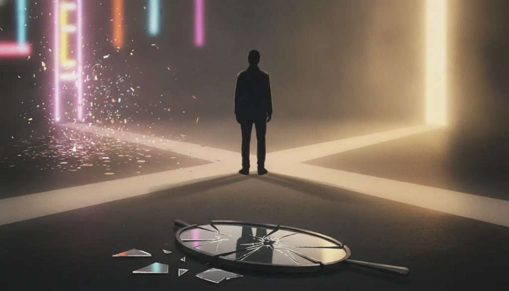 Illustration symbolique montrant un choix entre une ambiance bruyante et une route de guérison paisible, avec un miroir brisé évoquant le vide intérieur.