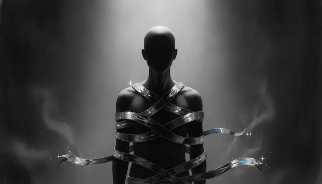 Silhouette sans visage enchaînée par des formes abstraites de luxure, avec une lueur symbolisant la lucidité et la libération