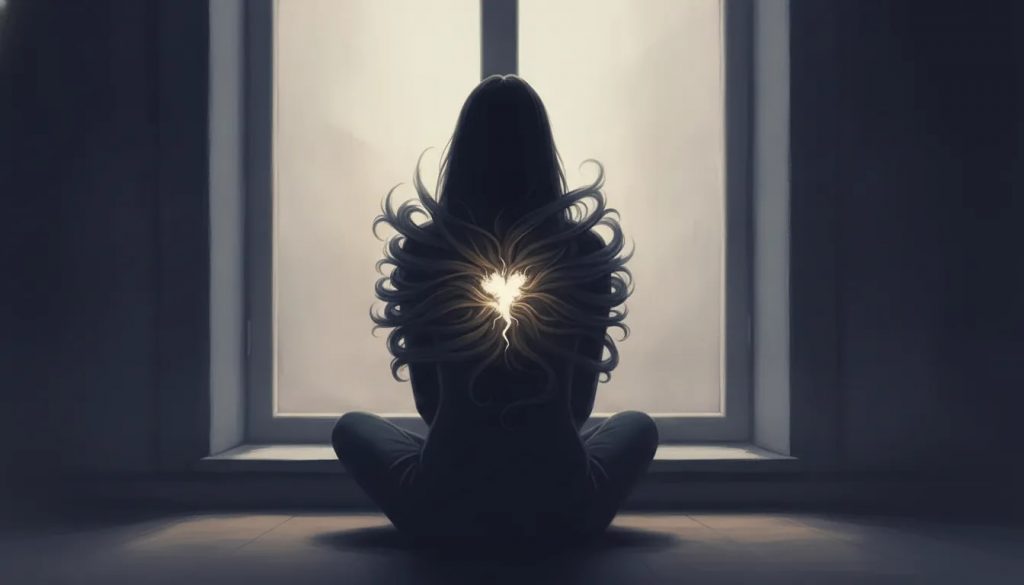 Silhouette d’une personne seule de dos, entourée de voiles d’ombre autour du cœur et d’une lumière qui perce à travers une fenêtre, image symbolisant une douleur tenue secrète et une guérison possible.