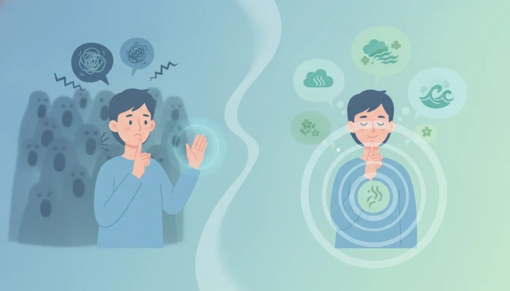 Illustration d’une personne débutante faisant un geste de silence, symbolisant apprendre à se taire avant de parler, dans une atmosphère calme et apaisante.
