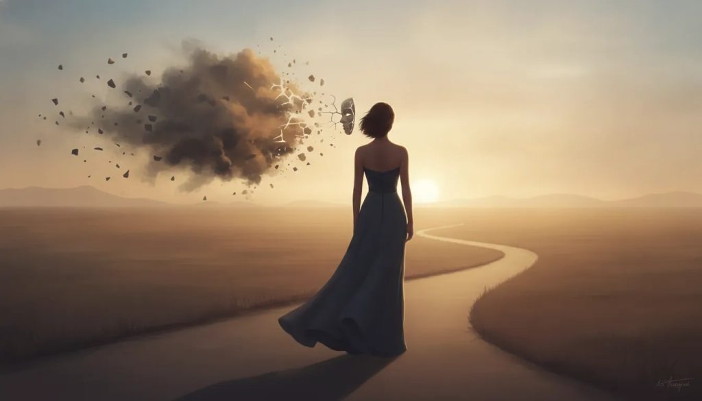 Silhouette de dos libérée de pensées de jugement, avec une lumière qui s’ouvre sur un chemin clair