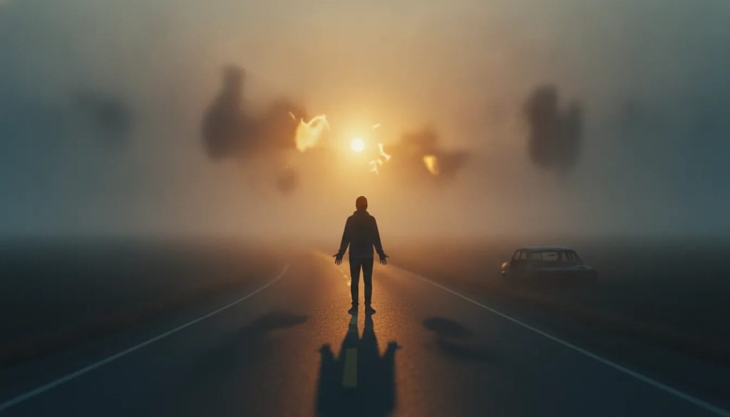 Une personne seule au bord d’une route au coucher du soleil, entourée de brume, symbolisant la perte et un retour à soi sans aucun texte.